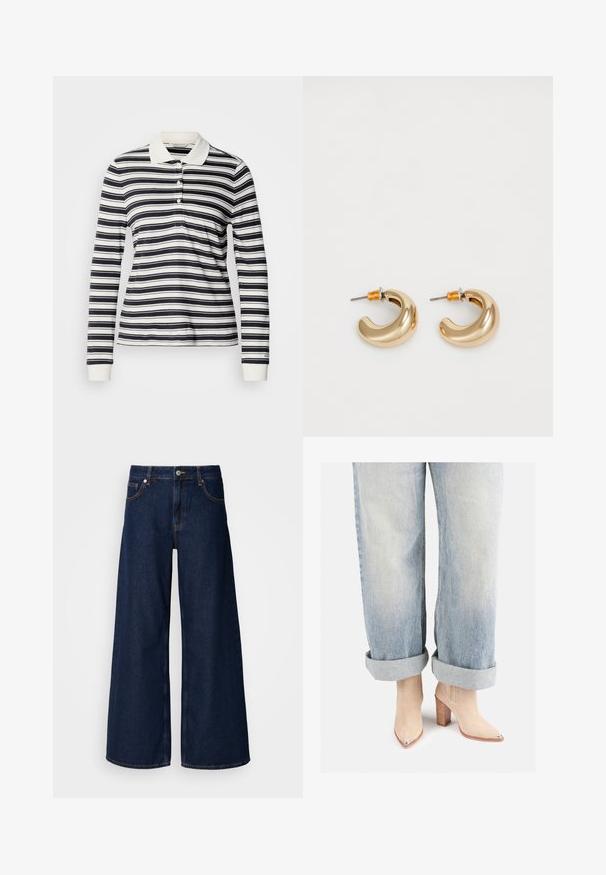 Langærmet polo med marineblå og hvide striber, lavet af bomuld, med tre-knaps slids og ribstrikkede manchetter. Klassisk kravedesign.; Bredde ben mørkeblå denimbukser med høj talje, frontlommer og knaplukning. Har kontrastsyninger og en glat tekstur.; Beige ruskinds ankelstøvler med spids tå og metallisk hældetalje, parret med lysblå opkrøllede denimjeans.; To skinnende guldøreringe i et buet design med orange accenter nær stikket, sat mod en enkel hvid baggrund.