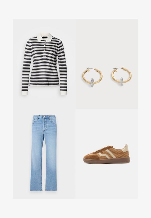 Poloshirt met lange mouwen met marineblauwe en witte strepen, gemaakt van katoen, drieknopsbies en geribbelde manchetten. Klassiek kraagontwerp.; Lichtblauwe denim jeans met een rechte pijp, hoge taille, vijf zakken, knoopsluiting en subtiele vervaging door het hele fabric.; Bruine suède en corduroy sneaker met beige golvende strepen, veters en een rubberen zool op een witte achtergrond, zijaanzicht.; Paar goudkleurige creolen met kleine zilverkleurige lusdetail op elk, weergegeven tegen een lichtgrijze achtergrond.