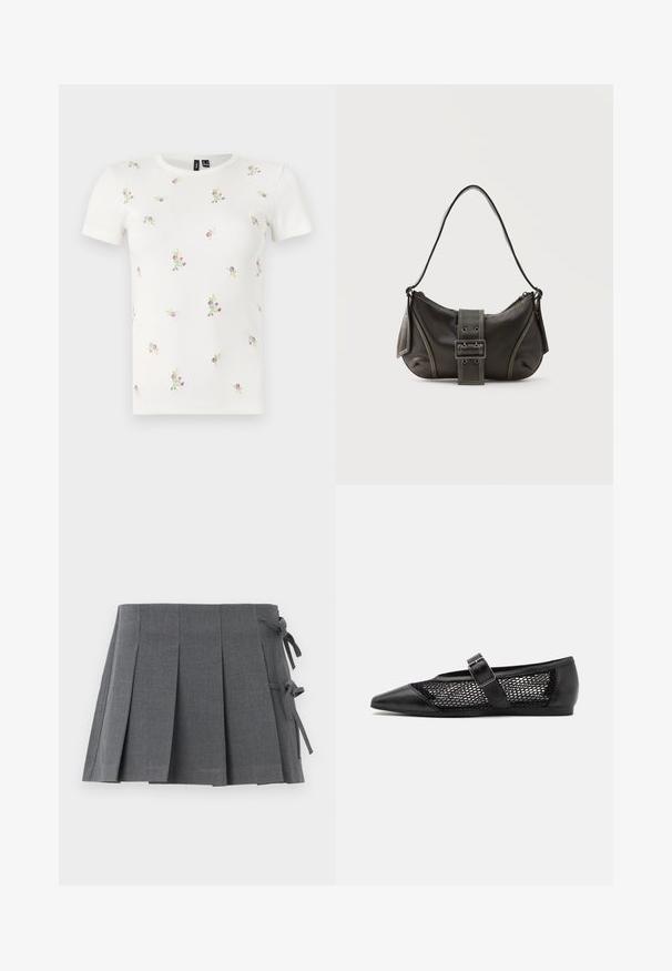 T-shirt en coton blanc à manches courtes, présentant une texture côtelée et une broderie florale dispersée en rose et vert sur l'ensemble.; Jupe mini plissée grise en tissu texturé, avec une fermeture à nouer sur un côté et une ceinture lisse pour plus de confort.; Chaussure plate noire avec un bout pointu, panneaux latéraux en maille et une sangle avec une boucle décorative. Fini lisse sur les sections du bout et du talon.; Sac à épaule en cuir noir avec une sangle à boucle, des bords arrondis et des coutures blanches contrastées sur un fond uni.