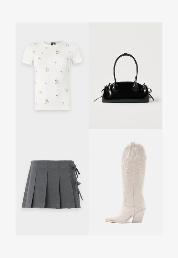 T-shirt en coton blanc à manches courtes, présentant une texture côtelée et une broderie florale dispersée en rose et vert sur l'ensemble.; Jupe mini plissée grise en tissu texturé, avec une fermeture à nouer sur un côté et une ceinture lisse pour plus de confort.; Bottine de cowboy en cuir blanc avec un bout pointu et un talon bloc. Présente des motifs de broderie complexes sur la tige et une texture lisse.; Petit sac à main noir brillant avec deux longues anses et des détails à cordon sur les côtés sur un fond clair uni.