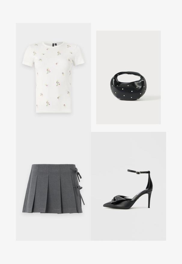 T-shirt en coton blanc à manches courtes, présentant une texture côtelée et une broderie florale dispersée en rose et vert sur l'ensemble.; Jupe mini plissée grise en tissu texturé, avec une fermeture à nouer sur un côté et une ceinture lisse pour plus de confort.; Chaussure à talon noir avec bout pointu, accent de nœud en satin et bride de cheville réglable avec ferrures argentées. Texture en cuir lisse.; Sac à main en cuir noir de forme arrondie, décoré de clous argentés et équipé d'une poignée courte. Texture lisse et fermeture éclair.