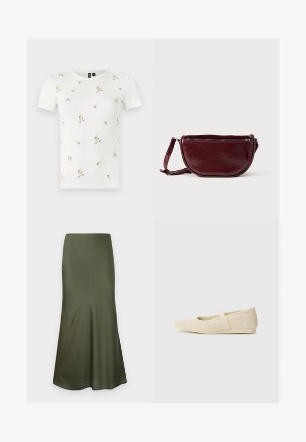 Witte katoenen T-shirt met korte mouwen, voorzien van een geribbelde textuur en verspreide bloemrijke borduursels in roze en groen.; Olijfgroene, aansluitende midi-rok van satijnen stof, uitlopend aan de onderkant, gepresenteerd tegen een witte achtergrond.; Beige ballerina's met een gladde leren buitenkant, amandelvormige punt en elastische band over de wreef, met subtiele stiksels.; Dieprode lederen handtas met een halve-maansvorm, een ritssluiting en een afneembare riem. Gladde textuur met een subtiele glans.