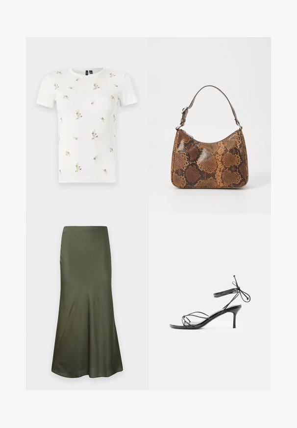 Witte katoenen T-shirt met korte mouwen, voorzien van een geribbelde textuur en verspreide bloemrijke borduursels in roze en groen.; Olijfgroene, aansluitende midi-rok van satijnen stof, uitlopend aan de onderkant, gepresenteerd tegen een witte achtergrond.; Zwarte hoge hak sandaal met dunne enkelbandjes en een slanke hak van gemiddelde hoogte, afgebeeld tegen een witte achtergrond.; Kleine handtas met een bruin en zwart slangenprintpatroon, korte verstelbare schouderriem en ritssluiting.