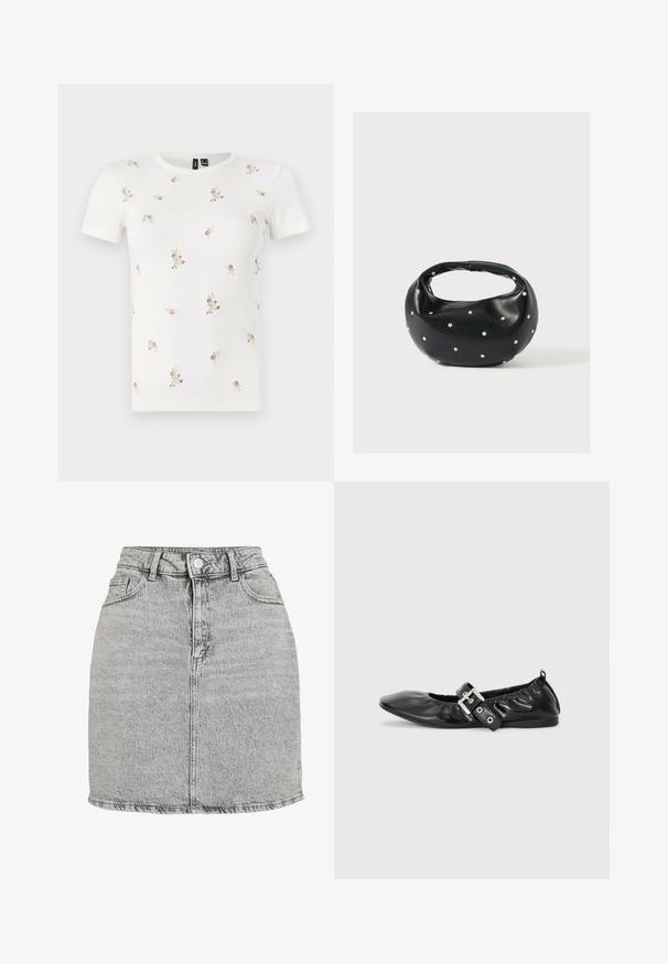 Camiseta blanca de algodón con mangas cortas, que presenta una textura acanalada y bordados florales dispersos en tonos rosas y verdes por toda la prenda.; Falda de mezclilla gris con cintura alta, cierre de botones en la parte delantera y dos bolsillos laterales. Presenta un dobladillo deshilachado y una textura sutilmente lavado a la piedra.; Zapato plano de piel negra con puntera afilada, detalle fruncido alrededor de la abertura y un acento de hebilla plateada en la correa ajustable.; Bolso de mano de cuero negro con forma redondeada, decorado con detalles de tachuelas plateadas y un asa corta. Textura lisa y cierre con cremallera.