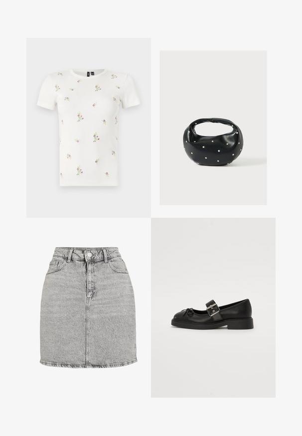 Hvid bomulds t-shirt med korte ærmer, med en ribbet tekstur og spredt blomsterbroderi i pink og grøn over hele.; Grå denimnederdel med høj talje, frontknaplukning og to sidelommer. Har en rippet kant og en subtil stone-washed tekstur.; Sort læder Mary Jane-sko med rund tå, ankelrem og sølv spænde detalje. Har en flad, chunky sål og en sløjfe akcent.; Sort læderhåndtaske med en rundet form, dekoreret med sølvnitter, og et kort håndtag. Glat tekstur og lynlåslukning.
