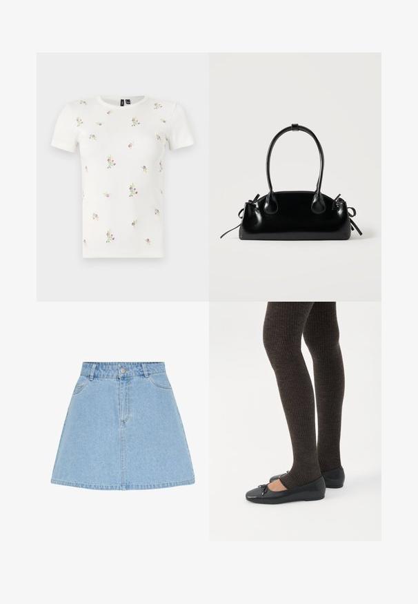Witte katoenen T-shirt met korte mouwen, voorzien van een geribbelde textuur en verspreide bloemrijke borduursels in roze en groen.; Lichtblauwe denim A-lijn rok met vooraan knopen en rits, ceintuurlussen en twee voorzakken.; Benen met donkere geribbelde leggings gecombineerd met zwarte ballerina's met kleine strikdetails op een witte achtergrond.; Kleine zwarte glanzende handtas met twee lange hengsels en zijkant trekkoord details op een effen lichte achtergrond.