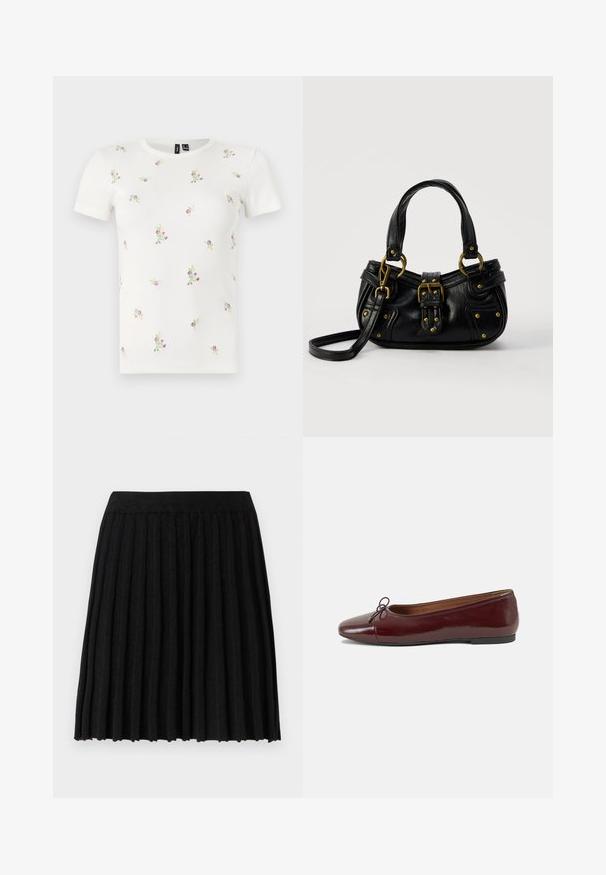 Witte katoenen T-shirt met korte mouwen, voorzien van een geribbelde textuur en verspreide bloemrijke borduursels in roze en groen.; Vero Moda Knitted VMMARINA Short - Minirok - black; Bordeaux gepatenteerd lederen ballerina met een ronde neus, een klein strikaccent aan de voorkant en een lage, zwarte rubberen zool. Glad textuur.; Zwarte leren handtas met gouden gesp en klinknagel details, korte handvatten en een verstelbare schouderriem op een effen witte achtergrond.