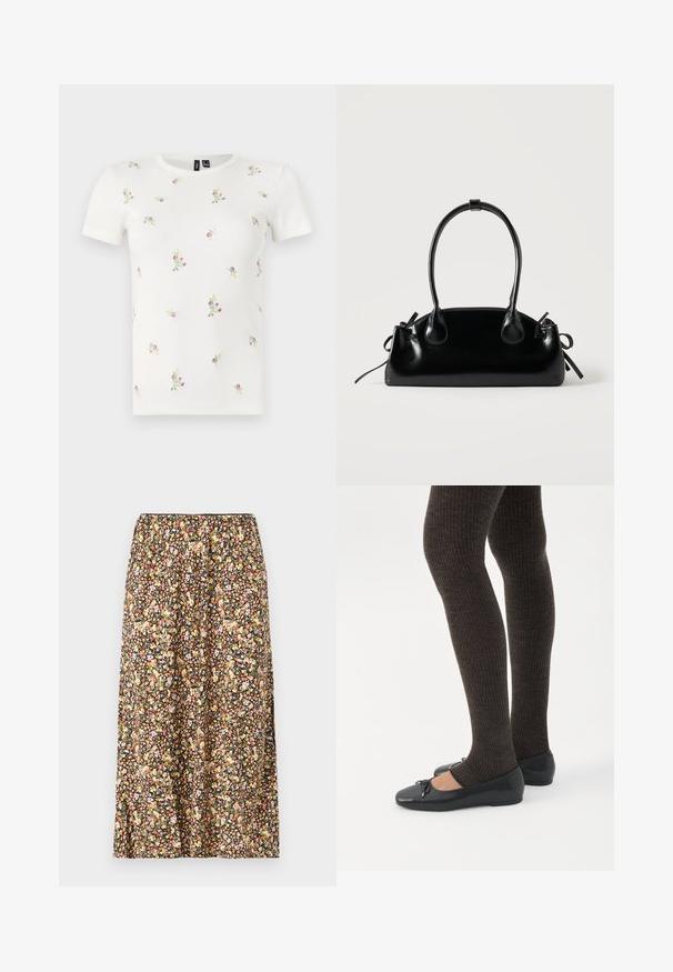 T-shirt en coton blanc à manches courtes, présentant une texture côtelée et une broderie florale dispersée en rose et vert sur l'ensemble.; Jupe à motif floral sur fond noir, ornée de petites fleurs de couleur rose, jaune et blanche. Taille élastique et longueur à mi-genoux.; Jambes portant des leggings côtelés foncés associés à des ballerines noires avec de petits détails en nœud sur fond blanc.; Petit sac à main noir brillant avec deux longues anses et des détails à cordon sur les côtés sur un fond clair uni.