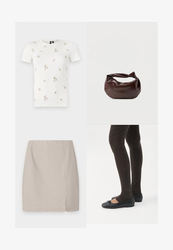 T-shirt en coton blanc à manches courtes, présentant une texture côtelée et une broderie florale dispersée en rose et vert sur l'ensemble.; Jupe crayon beige avec une texture rayée, une coupe droite et une fente sur le côté pour plus de mouvement. Fabriquée en tissu léger.; Jambes portant des leggings côtelés foncés associés à des ballerines noires avec de petits détails en nœud sur fond blanc.; Sac bandoulière en cuir marron foncé avec une forme souple et décontractée et une anse nouée torsadée sur un fond blanc uni.