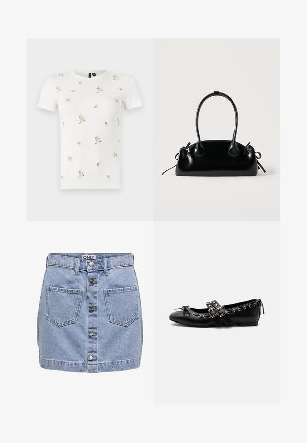 Witte katoenen T-shirt met korte mouwen, voorzien van een geribbelde textuur en verspreide bloemrijke borduursels in roze en groen.; Lichtblauwe denimminirok met vijf knopen aan de voorkant, twee opgestikte zakken en een iets versleten textuur. Etiket zegt "ONLY."; Zwarte platte balletschoen met dubbele gespsluitingen, zilveren oogjes en een klein strikje nabij de afgeronde neus op een witte achtergrond.; Kleine zwarte glanzende handtas met twee lange hengsels en zijkant trekkoord details op een effen lichte achtergrond.