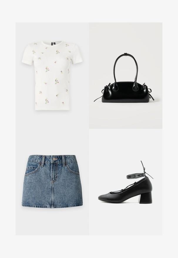 Witte katoenen T-shirt met korte mouwen, voorzien van een geribbelde textuur en verspreide bloemrijke borduursels in roze en groen.; Denim mini-jurk in een medium blauwe wash, met een aansluitende taille, voorzakken en subtiele stiksels. Glad, gestructureerd stoffenafwerking.; Zwarte leren schoen met middelhoog hakje, puntige neus, gekruiste riempjes en een wikkelriem rond de enkel op een witte achtergrond.; Kleine zwarte glanzende handtas met twee lange hengsels en zijkant trekkoord details op een effen lichte achtergrond.