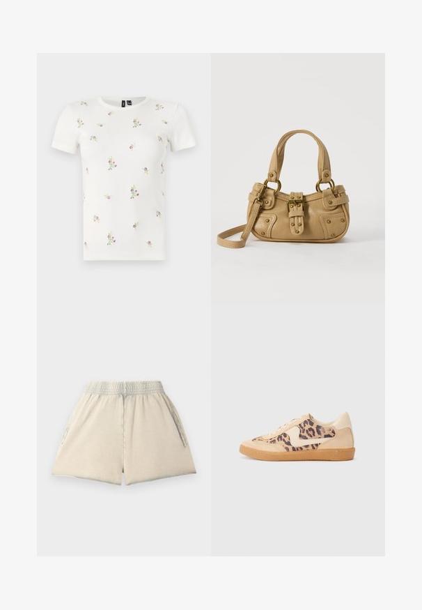 Camiseta blanca de algodón con mangas cortas, que presenta una textura acanalada y bordados florales dispersos en tonos rosas y verdes por toda la prenda.; Pantalones cortos de algodón color beige claro con cintura elástica, dos bolsillos laterales y un corte holgado. La tela tiene una textura suave y una forma relajada.; Zapatillas de leopardo con parte superior de ante beige, suela de goma marrón y acentos blancos. Punta redonda y diseño con cordones con un acabado texturado.; Bolso de cuero beige con doble asa, hebilla y remaches de latón, y una correa de hombro ajustable sobre un fondo blanco.