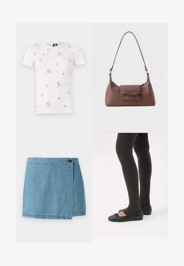 Witte katoenen T-shirt met korte mouwen, voorzien van een geribbelde textuur en verspreide bloemrijke borduursels in roze en groen.; Leren denim rok in lichtblauw, met een wikkelontwerp en een enkele knoopsluiting en gestikte zoom. Glad oppervlak zonder patronen.; Benen met donkere geribbelde leggings gecombineerd met zwarte ballerina's met kleine strikdetails op een witte achtergrond.; Bruine leren schoudertas met een voorvak met klep en een gestikte strikdetail en een verstelbare band.
