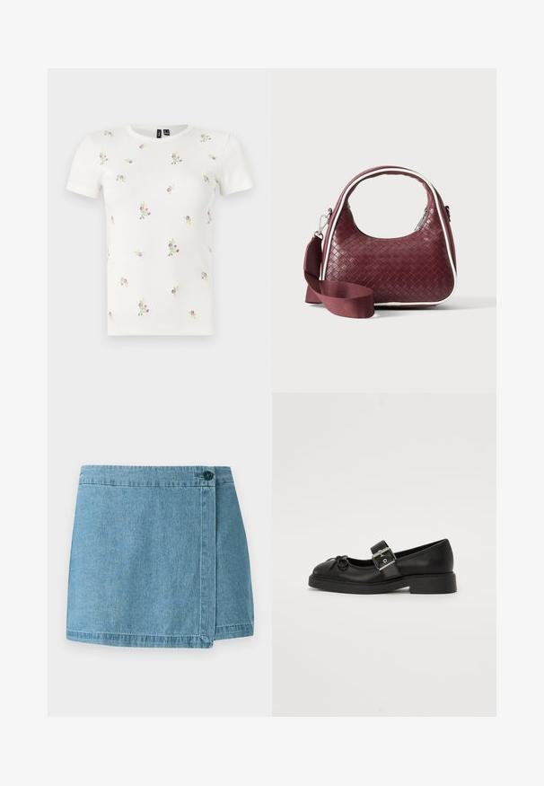 Witte katoenen T-shirt met korte mouwen, voorzien van een geribbelde textuur en verspreide bloemrijke borduursels in roze en groen.; Leren denim rok in lichtblauw, met een wikkelontwerp en een enkele knoopsluiting en gestikte zoom. Glad oppervlak zonder patronen.; Zwarte leren Mary Jane-schoen met een ronde neus, enkelband en details met zilveren gesp. Heeft een platte, chunkyzool en een strikaccent.; Donkerrode geweven leren handtas met gebogen handvat, witte bies, zilveren rits en afneembare brede stoffen schouderriem tegen een effen achtergrond.