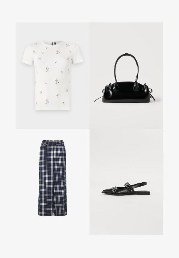 Camiseta blanca de algodón con mangas cortas, que presenta una textura acanalada y bordados florales dispersos en tonos rosas y verdes por toda la prenda.; Pantalones de pierna ancha en patrón de cuadros azul marino con líneas blancas y negras. Presentan una cintura elástica y una textura de tela suave.; Even&Odd by Zalando Bailarinas con tira trasera - black; Pequeño bolso negro brillante con dos asas largas y detalles de cordón lateral sobre un fondo claro liso.