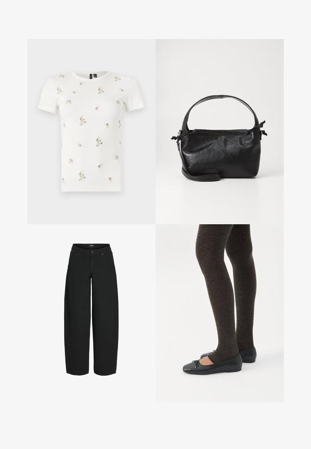 Hvid bomulds t-shirt med korte ærmer, med en ribbet tekstur og spredt blomsterbroderi i pink og grøn over hele.; Sorte vidde-korte jeans med knap- og lynlåslukning foran, lommer foran og bagpå samt mærket bæltelabel.; Ben iført mørke ribbede leggings kombineret med sorte balletsko med små sløjfedetaljer på hvid baggrund.; Sort læderhåndtaske med et struktureret design, rund tophåndtag og aftagelig skulderrem. Den har en glat tekstur og en subtil glans.