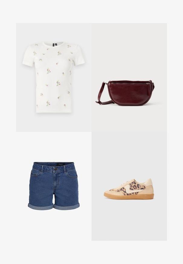 Weißes Baumwoll-T-Shirt mit kurzen Ärmeln, das eine gerippte Textur und verstreute florale Stickereien in Rosa und Grün aufweist.; Dunkelblaue Denim-Shorts in klassischem Schnitt. Mit umgeschlagenen Säumen, zwei vorderen Taschen und einem Knopfverschluss. Glatte Textur.; Löwenmuster-Sneaker mit beige Wildleder-Obermaterial, tanfarbener Gummisohle und weißen Akzenten. Runde Zehenform und Schnürdesign mit strukturiertem Finish.; Dunkelroter Lederhandtasche in halbmondförmiger Form mit Reißverschluss und abnehmbarem Tragegurt. Glatte Textur mit dezentem Glanz.