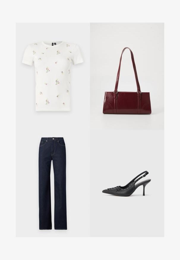 Witte katoenen T-shirt met korte mouwen, voorzien van een geribbelde textuur en verspreide bloemrijke borduursels in roze en groen.; Donkerblauwe denim jeans met een rechte pijp, klassieke vijf-pocketstijl, zichtbare stiksels en een knoopsluiting aan de voorkant.; Zwarte leren slingback stiletto met spitse neus, zijgesp met gesp, studs langs de rand en decoratieve veters aan de voorkant.; Bourgondische handtas van glanzend materiaal, rechthoekige vorm, met twee schouderbanden en subtiele gebogen accenten aan de voorkant.