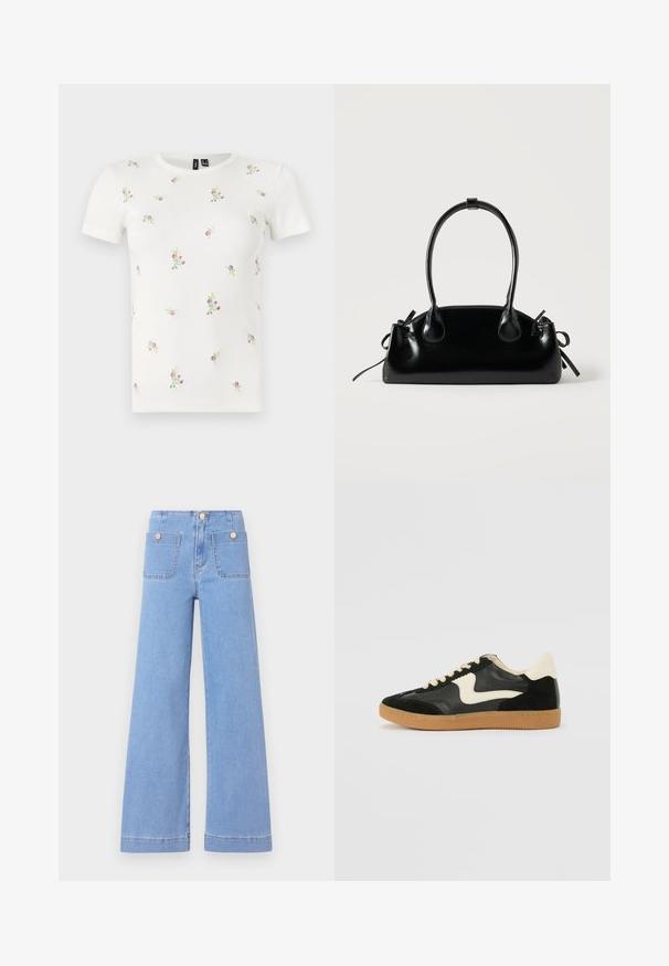 Witte katoenen T-shirt met korte mouwen, voorzien van een geribbelde textuur en verspreide bloemrijke borduursels in roze en groen.; Lichtblauwe wijde jeans met hoge taille, twee achterzakken en gouden knopen. Gemaakt van denim met een gladde textuur en een nette afwerking.; Zwarte suède en leren sneaker met een crèmekleurige zij-swoosh en lichte crèmekleurige hiel. Voorzien van beige veters en een gumrubberen zool.; Kleine zwarte glanzende handtas met twee lange hengsels en zijkant trekkoord details op een effen lichte achtergrond.