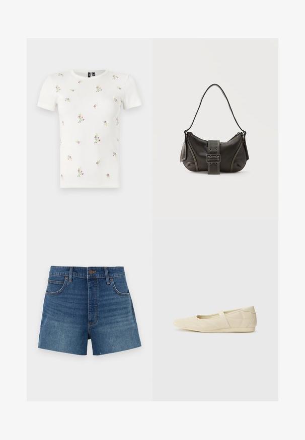 T-shirt en coton blanc à manches courtes, présentant une texture côtelée et une broderie florale dispersée en rose et vert sur l'ensemble.; Shorts en denim bleu moyen, avec une taille haute, quatre poches et des coutures. Texture lisse avec une coupe classique.; Ballerines beiges avec une exterior en cuir lisse, un bout en forme d'amande et une sangle élastique sur le coup de pied, avec des détails de couture subtils.; Sac à épaule en cuir noir avec une sangle à boucle, des bords arrondis et des coutures blanches contrastées sur un fond uni.