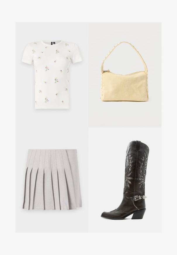 T-shirt en coton blanc à manches courtes, présentant une texture côtelée et une broderie florale dispersée en rose et vert sur l'ensemble.; Jupe plissée grise au toucher lisse, dotée de multiples plis verticaux et d'une taille ajustée. Fabriquée en tissu léger.; Botte de cowboy en cuir noir avec découpes décoratives, boucle argentée et talon incliné, présentée sur fond blanc.; Petit sac à main en cuir beige avec une seule bandoulière et des clous argentés le long des bords et de la bandoulière, posé sur un fond uni.