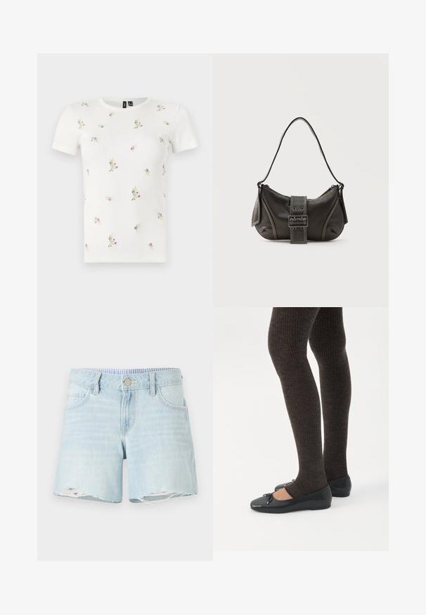 Witte katoenen T-shirt met korte mouwen, voorzien van een geribbelde textuur en verspreide bloemrijke borduursels in roze en groen.; Lichtblauwe denim shorts met een licht verstoorde zoom, vijf-pocket ontwerp en een knoopsluiting. Subtiele vervaagde textuur over de gehele shorts.; Benen met donkere geribbelde leggings gecombineerd met zwarte ballerina's met kleine strikdetails op een witte achtergrond.; Zwarte leren schoudertas met gespsluiting aan de riem, afgeronde hoeken en contrasterende witte stiksels op een effen achtergrond.