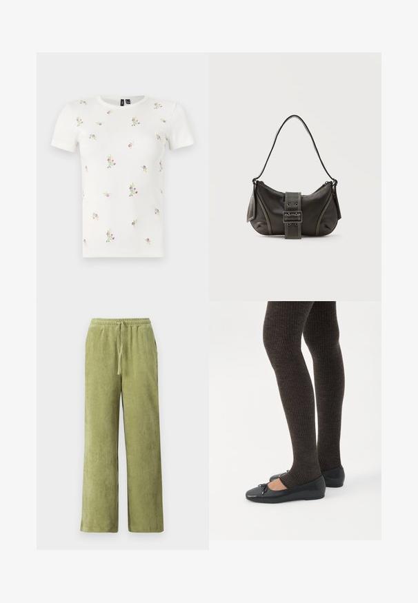 Camiseta blanca de algodón con mangas cortas, que presenta una textura acanalada y bordados florales dispersos en tonos rosas y verdes por toda la prenda.; Pantalones de pana verde con un diseño de pierna ancha, cinturilla elástica y detalle de cordón. Las líneas verticales en la tela crean textura.; Piernas con leggings oscuros acanalados combinados con bailarinas negras que presentan pequeños detalles de lazo sobre un fondo blanco.; Bolso de hombro de cuero negro con detalle de correa con hebilla, bordes curvos y costuras blancas en contraste sobre un fondo liso.