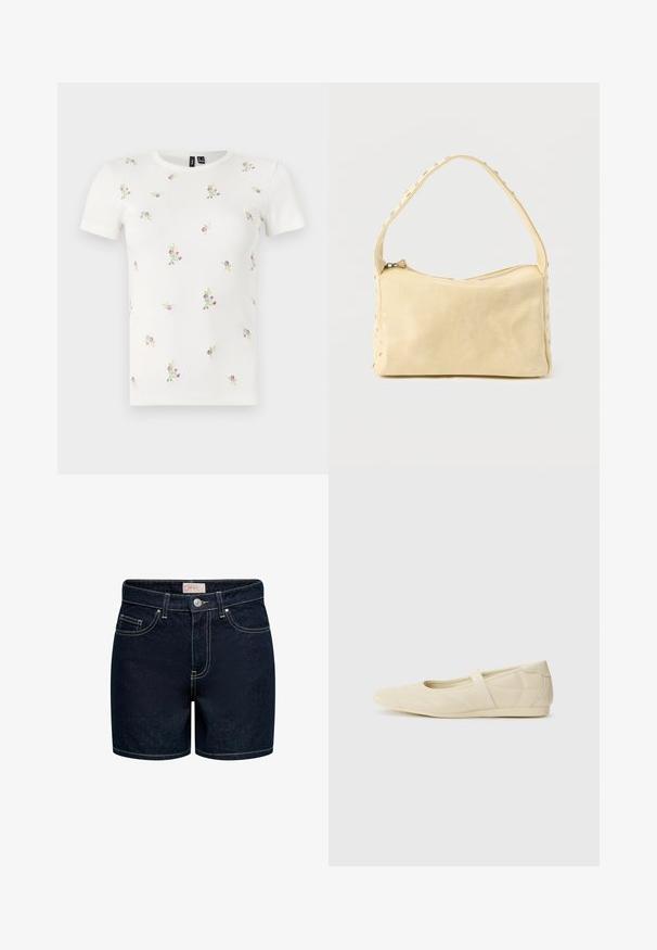 Hvid bomulds t-shirt med korte ærmer, med en ribbet tekstur og spredt blomsterbroderi i pink og grøn over hele.; Mørkeblå denimshorts med en tætsiddende pasform, fem lommer, gyldne syninger og lukning med knap foran. Materialet har en glat tekstur.; Lysebrune ballet flats med en glat læderoverflade, mandelformet tå og elastisk rem over vristen, med diskrete syninger.; Lille beige læderhåndtaske med en enkelt rem og sølvnitter langs kanterne og remmen, sat mod en ensfarvet baggrund.