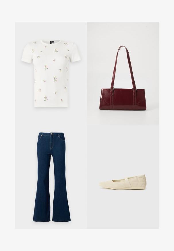Hvid bomulds t-shirt med korte ærmer, med en ribbet tekstur og spredt blomsterbroderi i pink og grøn over hele.; Mørkeblå jeans med udvidet ben, lavet af denim. Funktioner inkluderer frontlukning med knap, femlommeredesign og syede detaljer på lommerne.; Lysebrune ballet flats med en glat læderoverflade, mandelformet tå og elastisk rem over vristen, med diskrete syninger.; Bordeaux håndtaske lavet af glansfuldt materiale, rektangulær form, med to skulderremme og subtile buede detaljer på forsiden.