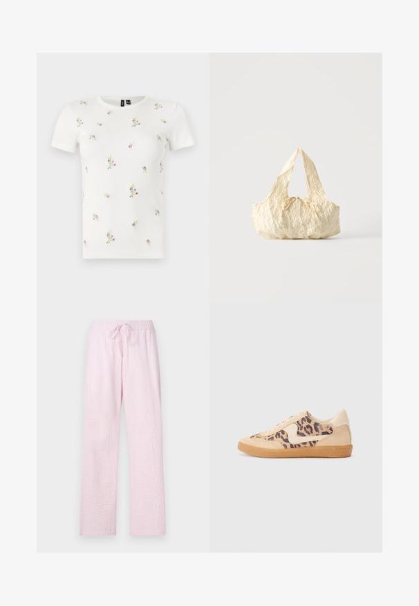 Hvid bomulds t-shirt med korte ærmer, med en ribbet tekstur og spredt blomsterbroderi i pink og grøn over hele.; Lyserøde pyjamasbukser i et struktureret stof med en løs pasform, der har en elastisk talje og snøre til justering.; Leopardprint sneakers med beige ruskindsoverdel, tan gummisål og hvide detaljer. Rund pegefinger og snørebåndsdesign med en tekstureret finish.; Håndtaske i cremefarvet tekstureret stof med top-håndtag og en lille bundet sløjfe-detalje midt foran.