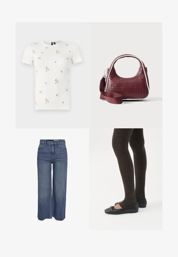 Hvid bomulds t-shirt med korte ærmer, med en ribbet tekstur og spredt blomsterbroderi i pink og grøn over hele.; Blå bred ben jeans med høj talje, frontknap, lynlås, fem lommer og frynset kant.; Ben iført mørke ribbede leggings kombineret med sorte balletsko med små sløjfedetaljer på hvid baggrund.; Mørkerød vævet lædertaske med buet hank, hvid kant, sølv lynlås og aftagelig bred stofskulderrem mod en ensfarvet baggrund.