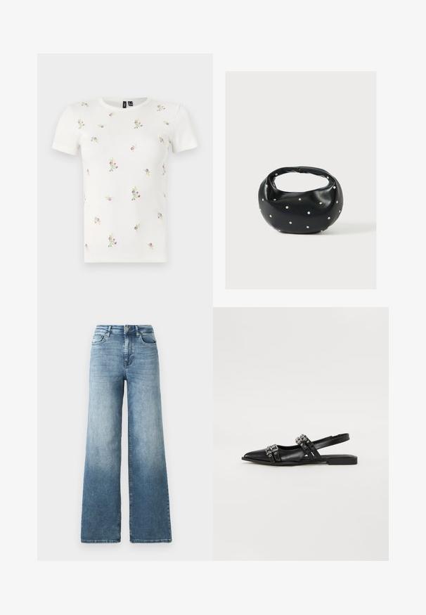 T-shirt en coton blanc à manches courtes, présentant une texture côtelée et une broderie florale dispersée en rose et vert sur l'ensemble.; Jean en denim à jambes larges dans un délavage bleu clair, avec une taille haute, un design à cinq poches et un léger dégradé sur le tissu. Fermeture classique à bouton en métal.; Even&Odd by Zalando Ballerines à brides arrière - black; Sac à main en cuir noir de forme arrondie, décoré de clous argentés et équipé d'une poignée courte. Texture lisse et fermeture éclair.