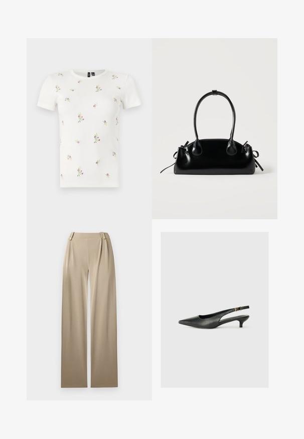 Biele bavlnené tričko s krátkymi rukávmi, s žíhanou textúrou a roztrúsenou kvetinovou výšivkou v ružovej a zelenej farbe po celom tričku.; Béžové nohavice s širokými nohavicami a hladkou textúrou, s dvoma dekoračnými gombíkmi v páse a jemnými skladmi pre zvýraznenie detailov.; Čierne body topánky s otvorenou pätou vyrobené z hladkej kože. Zobrazuje tenké opätky a ozdobný detail s prackou na nastaviteľnom popruhu.; Malá čierna lesklá kabelka s dvoma dlhými rúčkami a bočnými šnúrkovými detailmi na jednoduchom svetlom pozadí.