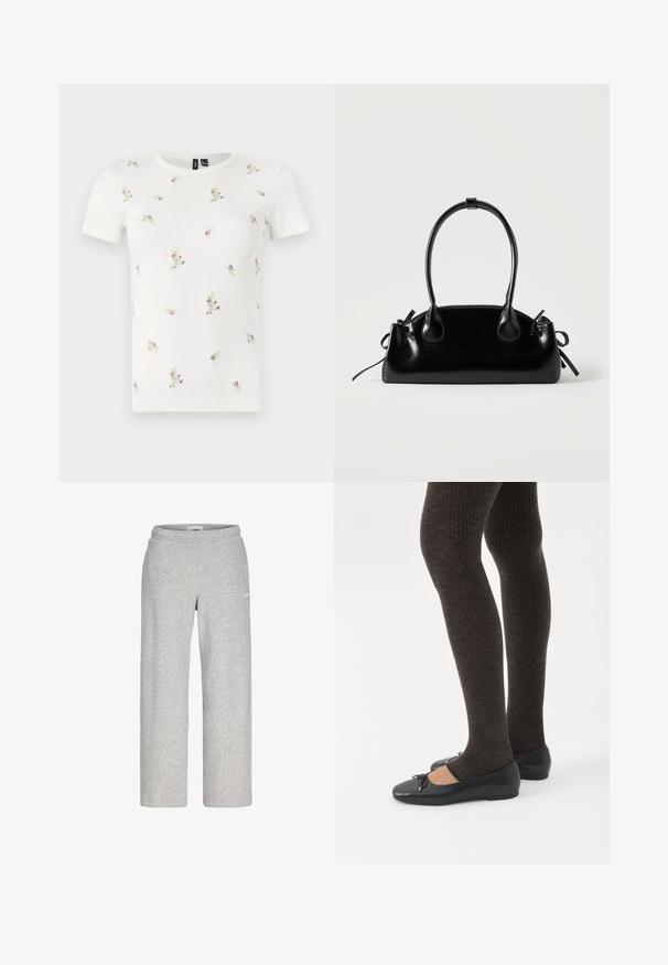 Witte katoenen T-shirt met korte mouwen, voorzien van een geribbelde textuur en verspreide bloemrijke borduursels in roze en groen.; Lichtgrijze sweatpants met rechte pijpen, elastische tailleband en een klein wit logo op de bovenkant van het dijbeen.; Benen met donkere geribbelde leggings gecombineerd met zwarte ballerina's met kleine strikdetails op een witte achtergrond.; Kleine zwarte glanzende handtas met twee lange hengsels en zijkant trekkoord details op een effen lichte achtergrond.