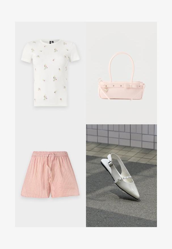 Camiseta blanca de algodón con mangas cortas, que presenta una textura acanalada y bordados florales dispersos en tonos rosas y verdes por toda la prenda.; Pantalones cortos de color rosa claro con rayas rojas verticales, fabricados en un tejido suave. Cuentan con una cinturilla elástica y un cordón para ajuste.; Zapato plano blanco con punta puntiaguda y diseño slingback con dos hebillas plateadas, mostrado al aire libre sobre un suelo texturizado y fondo de pared con azulejos.; Bolso rectangular de color rosa pálido con doble asa, lazo decorativo, ojales metálicos y un pequeño colgante en forma de corazón sobre un fondo liso.