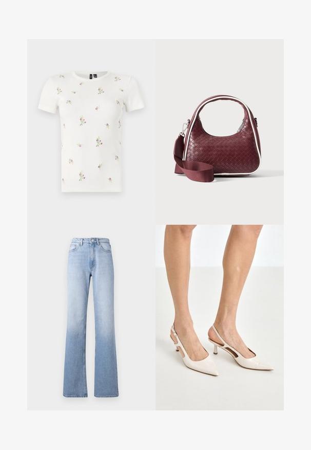 Camiseta blanca de algodón con mangas cortas, que presenta una textura acanalada y bordados florales dispersos en tonos rosas y verdes por toda la prenda.; Jeans de mezclilla azul claro de corte acampanado con una cintura alta, que cuentan con un diseño clásico de cinco bolsillos, un ligero desvanecimiento y un cierre de cremallera con botón.; Tacones slingback de charol beige con punta afilada y un tacón de 5 cm, con lados recortados y una delgada correa en el tobillo.; Bolso de mano de cuero tejido color granate con asa curva, ribete blanco, cremallera plateada y correa desmontable de tela ancha para el hombro sobre fondo liso.