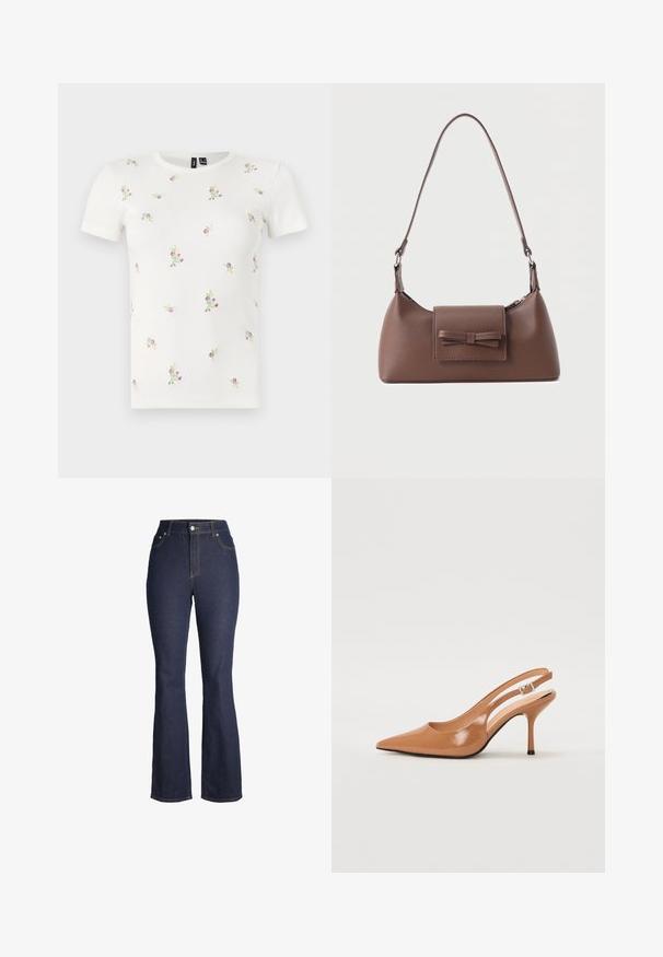 T-shirt en coton blanc à manches courtes, présentant une texture côtelée et une broderie florale dispersée en rose et vert sur l'ensemble.; Jean denim bleu foncé taille haute avec bouton et fermeture éclair à l'avant, poches avant et jambes légèrement évasées.; Escarpin à talon slingback à bout pointu en matériau beige lisse et brillant. Présente un design de découpes courbées et un talon aiguille fin. Détail de boucle en argent.; Sac à bandoulière en cuir marron avec une poche à rabat avant ornée d'un détail en forme de nœud cousu et une sangle réglable.