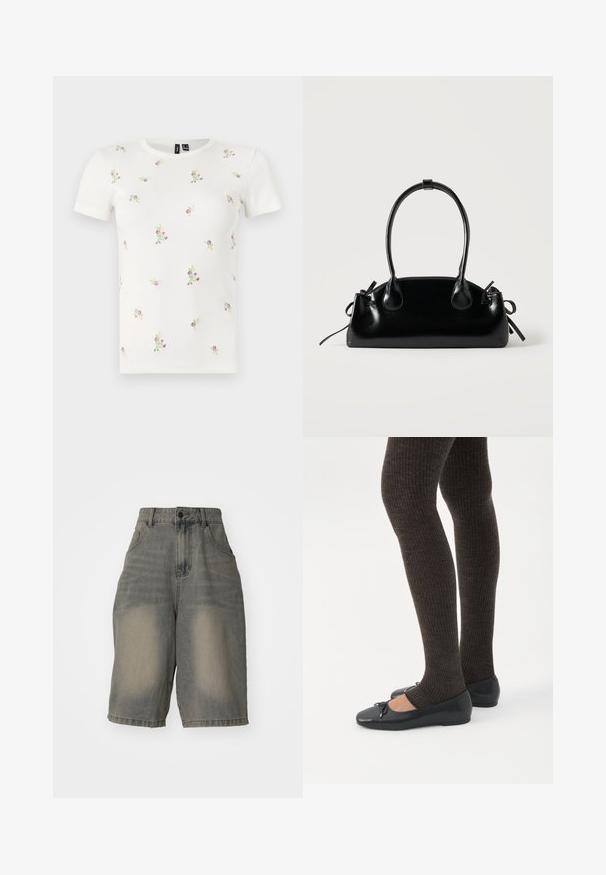 Hvid bomulds t-shirt med korte ærmer, med en ribbet tekstur og spredt blomsterbroderi i pink og grøn over hele.; Jaded London LIGHT WASH JUMBO JORTS - Denimshorts - light wash; Ben iført mørke ribbede leggings kombineret med sorte balletsko med små sløjfedetaljer på hvid baggrund.; Lille sort blank håndtaske med to lange håndtag og snøre-detaljer i siden på en ensfarvet lys baggrund.