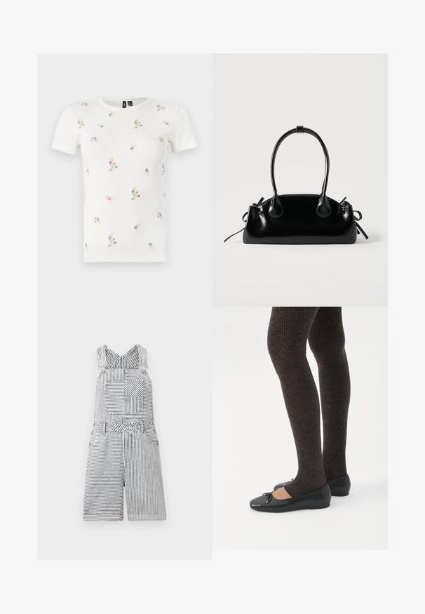 Witte katoenen T-shirt met korte mouwen, voorzien van een geribbelde textuur en verspreide bloemrijke borduursels in roze en groen.; Gestreepte denim jumpsuit met een vierkante zak, verstelbare straps en een wijde halslijn. Heeft een relaxte pasvorm met een shorts-lengte.; Benen met donkere geribbelde leggings gecombineerd met zwarte ballerina's met kleine strikdetails op een witte achtergrond.; Kleine zwarte glanzende handtas met twee lange hengsels en zijkant trekkoord details op een effen lichte achtergrond.