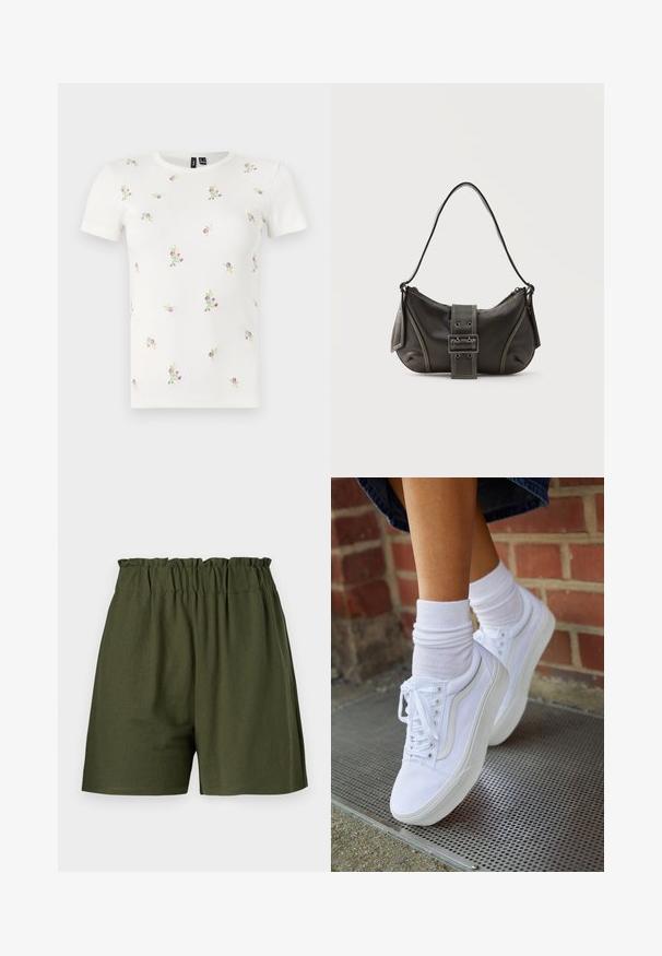 Hvid bomulds t-shirt med korte ærmer, med en ribbet tekstur og spredt blomsterbroderi i pink og grøn over hele.; Mørkegrønne shorts med elastisk talje, afslappet pasform og uden lommer. Lavet af blødt, letstof.; Hvide lærreds sneakers med gummisåler, der har seks snørehuller, rund tå og let sømdetaljer, krydret med hvide ankelstrømper.; Sort læder skuldertaske med spænde på remmen, afrundede kanter og kontrasterende hvide syninger på en ensfarvet baggrund.