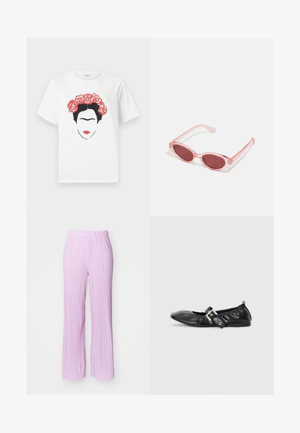Hvid bomulds t-shirt med et grafisk design af et ansigt med sort hår og en blomsterkrans af røde roser, med røde læber og simpel linjekunst.; Lyserøde, plisserede bukser med bred ben-design og elastisk talje, der har en vertikal tekstur og en glat finish.; Sorte læder flade sko med spids tå, samling detaljer omkring åbningen, og en sølv spænde accent på den justerbare rem.; Lyserøde transparente solbriller med ovale linser, mørkerød toning og slanke stænger, der har en glat overflade og diskret detaljering på rammen.