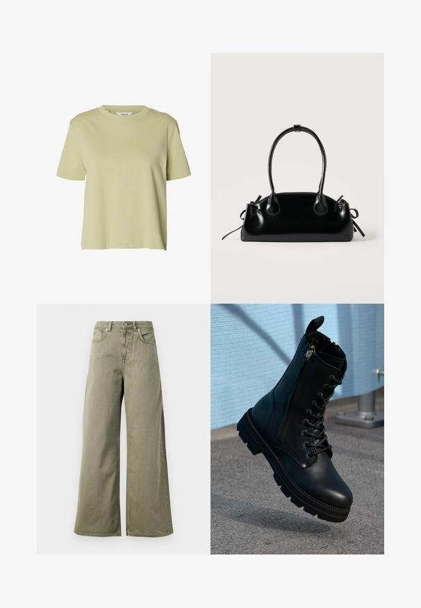 Schlichtes hellgrünes Kurzarm-Baumwoll-T-Shirt mit rundem Ausschnitt und geradem Saum.; Hochtaillierte, olivgrüne, weit geschnittene Jeans mit Frontknopf, Reißverschluss und Fünf-Taschen-Design auf weißem Hintergrund.; Schwarze Lederstiefeletten mit Schnürdesign, seitlichem Reißverschluss, strukturiertem Finish und einer robusten Sohle mit ausgeprägtem Profil.; Kleine schwarze glänzende Handtasche mit zwei langen Griffen und seitlichen Kordelzug-Details vor einfachem hellem Hintergrund.