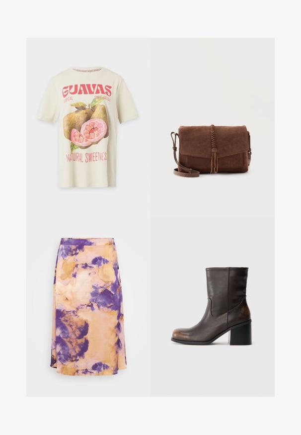 Kremfarvet kortærmet skjorte med stort pink guava-frugt grafik og rød tekst med "GUAVAS" og "Natural Sweetness".; Lilla og orange tie-dye midi-nederdel i blødt stof med A-form og subtil struktur, der har en glat talje og flydende design.; Mørkebrune læderstøvler til midt på læggen med rund tå og blokhæl, der viser subtile slidte detaljer på tå- og hælområder.; Brun ruskind skuldertaske med flettet kvastdetalje på frontklappen og justerbar skulderrem.