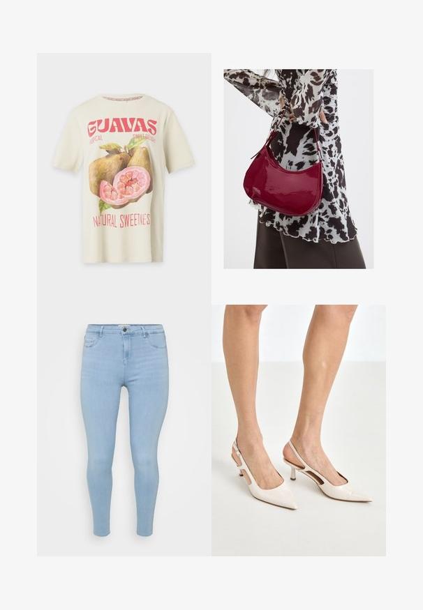 Kremfarvet kortærmet skjorte med stort pink guava-frugt grafik og rød tekst med "GUAVAS" og "Natural Sweetness".; Lysblå skinny jeans lavet af denim, med knaplukning, fem lommer og en glat, let falmet tekstur.; Beige patenterede læder slingback hæle med spids tå og 5 cm hæl, med udskårne sider og en tynd ankelrem.; Kvinde iført en sort- og hvidmønstret bluse, der holder en blank rød skuldertaske mod en ensfarvet baggrund.