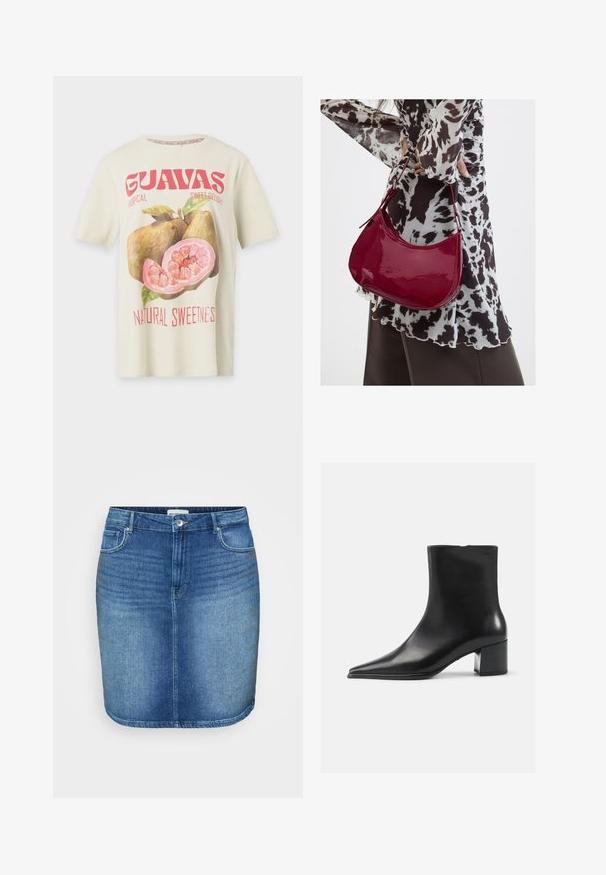 Kremfarvet kortærmet skjorte med stort pink guava-frugt grafik og rød tekst med "GUAVAS" og "Natural Sweetness".; Denim nederdel i mellemblå vask med en tætsiddende design, lige snit, fem-lomme stil og en talje med knaplukning foran.; Sort læder ankelstøvle med spidse tæer, glat tekstur og mellemhøj blokhæl. Minimalistisk design, lynlås lukning bagpå.; Kvinde iført en sort- og hvidmønstret bluse, der holder en blank rød skuldertaske mod en ensfarvet baggrund.