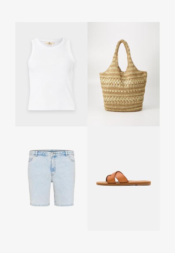 Crop top blanc côtelé sans manches avec encolure ronde et étiquette de marque beige visible à l'intérieur du col.; Shorts en denim bleu clair avec une coupe droite, cinq poches et des coutures visibles. Dispose d'une fermeture à bouton et à glissière.; Sandale diapositive en cuir marron avec des lanières croisées, semelle plate, texture lisse et caractéristiques de design minimaliste pour un usage décontracté.; Sac en paille tissé avec double poigné, présentant un motif tissé open et une couleur beigne naturelle, adapté à un usage décontracté.