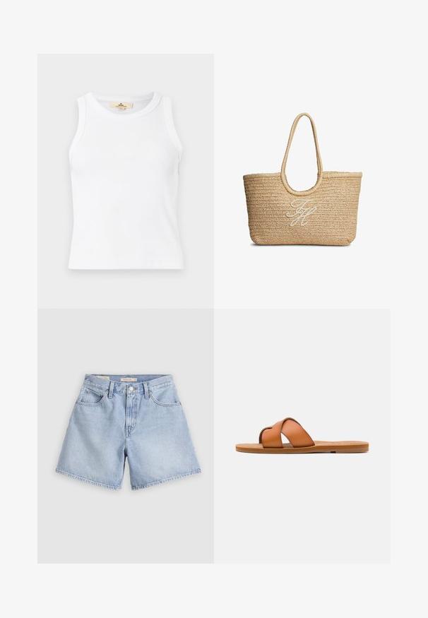Hvid ribbet ærmeløs crop top med rund hals og en synlig beige mærkebetiket inden i kraven.; Lyseblå denimshorts. Høj talje med fire lommer, knaplukning foran og rå kant nederst. Stoffet virker blødt med en falmet finish.; Brune læder slide sandal med krydsede stropper, flad sål, glat overflade og minimalisk design til afslappet brug.; Flettet beige stråtaske med runde håndtag og hvide broderede kursivinitialer midt på forsiden.