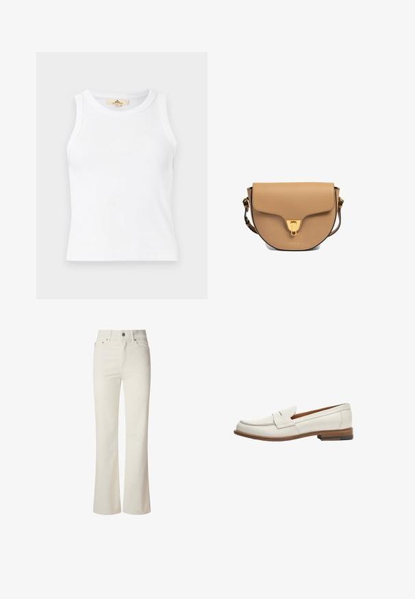 Hvid ribbet ærmeløs crop top med rund hals og en synlig beige mærkebetiket inden i kraven.; Hvide flagrende jeans lavet af denim. Har en høj talje, fem lommer og metallisk knaplukning. Glat tekstur uden synlige mønstre.; Hvide læder loafers med en lav, stablet træhælhæl, der har et syet mokkasin-design og en sammenfoldet frontklap.; Tanfarvet skuldertaske i læder med guldfarvet spænde og justerbar rem, der har en buet klap og pebblede tekstur.
