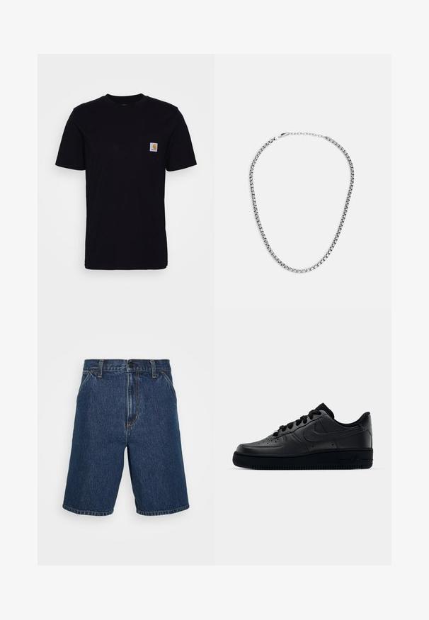 Zwarte katoenen t-shirt met korte mouwen, ronde hals en een borstzak met een klein, vierkant logo patch. Eenvoudig, stevig ontwerp.; Donkerblauwe denim shorts met een rechte snit. Voorzien van gele stiksels en een klassieke vijf-pocketontwerp. Normale tailleband en afgewerkte randen.; Zwarte Nike Air Force 1 sneaker met een gladde leren bovenkant, geperforeerde neus voor ademend vermogen, zwarte veters en een getextureerde rubberen zool.; Fossil JEWELRY NECKLACE - Ketting - silver-coloured