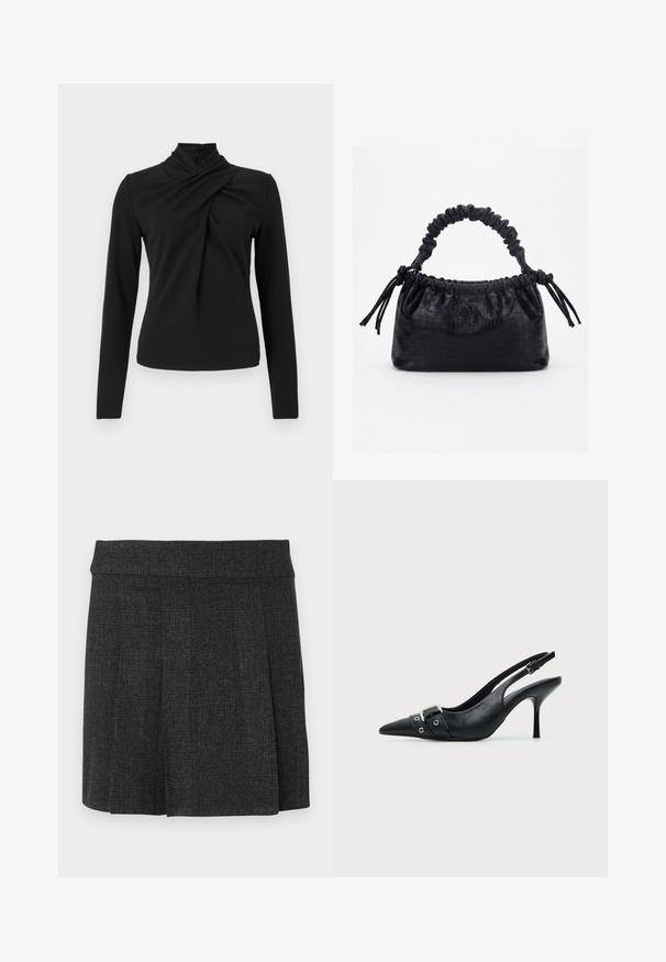 Haut noir à manches longues avec col haut torsadé et détail froncé au centre avant.; Jupe noire plissée en tissu texturé. Ceinture mi-haute avec des lignes épurées. Coupe classique adaptée à diverses occasions.; Escarpin slingback à talon haut en cuir noir avec bout pointu, boucle et détail de bride œillet à l'avant.; Sac à main noir avec texture crocodile, bord supérieur froncé, poignée plissée et pompons à cordon de chaque côté sur fond blanc.